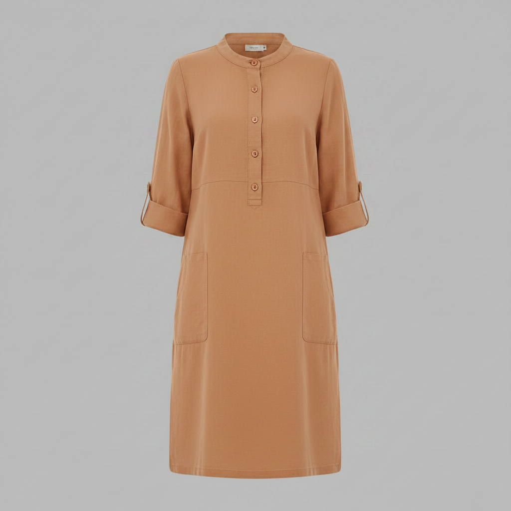 Abito midi donna con colletto classico e maniche tre quarti, vestito versatile per ogni occasione, casual.