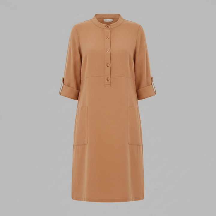 Abito midi donna con colletto classico e maniche tre quarti, vestito versatile per ogni occasione, casual.