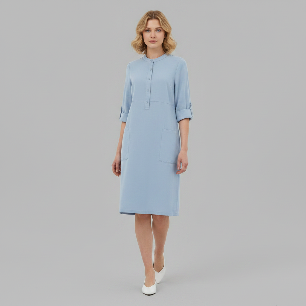 Abito midi casual da donna con colletto e maniche tre quarti, elegante e confortevole.