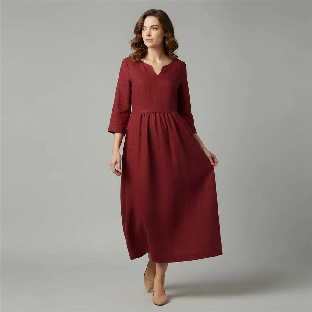 Vestito midi donna versatile, ideale per look eleganti e casual, con scollo a V e maniche 3/4 fluide.