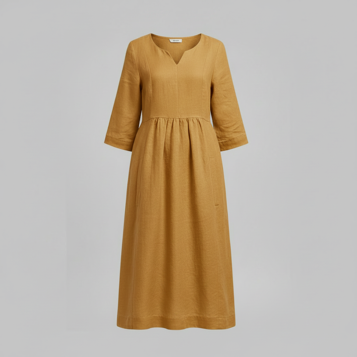 Moda femminile: abito midi donna per eventi, con scollo a V, maniche tre quarti e vestibilità svasata.