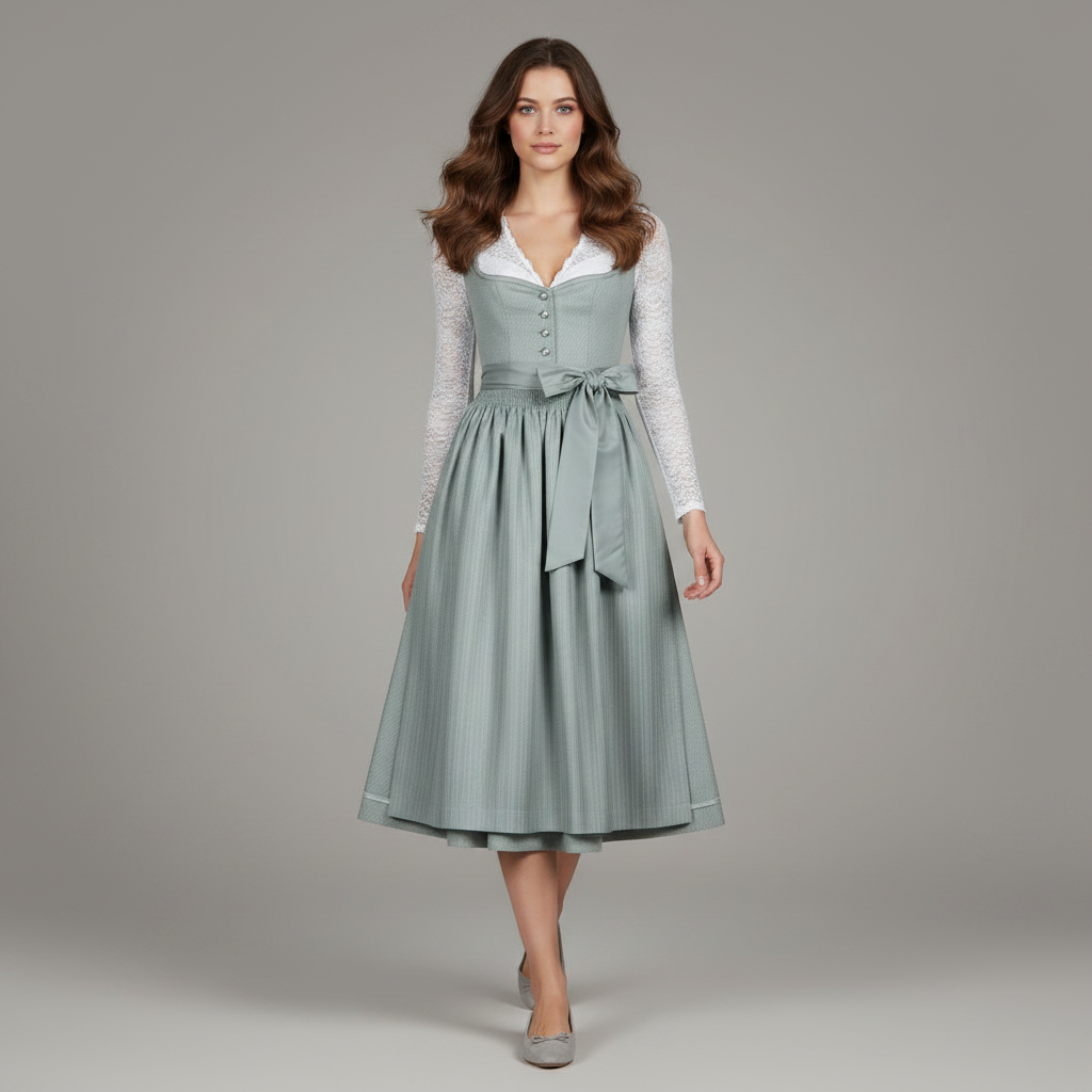 Abito tirolese da donna turchese completo di grembiule e camicetta, perfetto per feste tradizionali.