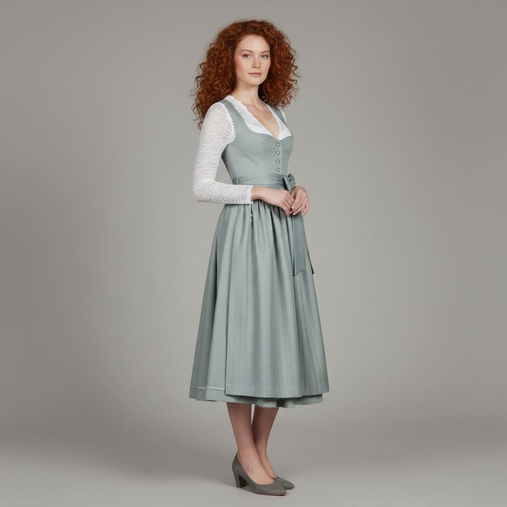 Elegante costume tirolese da donna turchese con grembiule e blusa, ideale per Oktoberfest e celebrazioni.