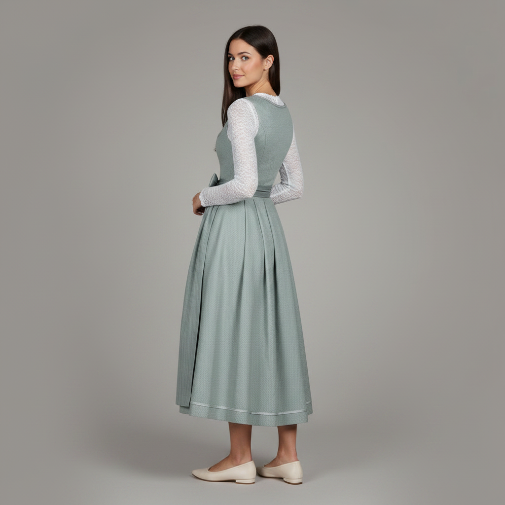 Abito tradizionale da donna turchese, completo di grembiule e camicetta bianca. Abbigliamento classico.
