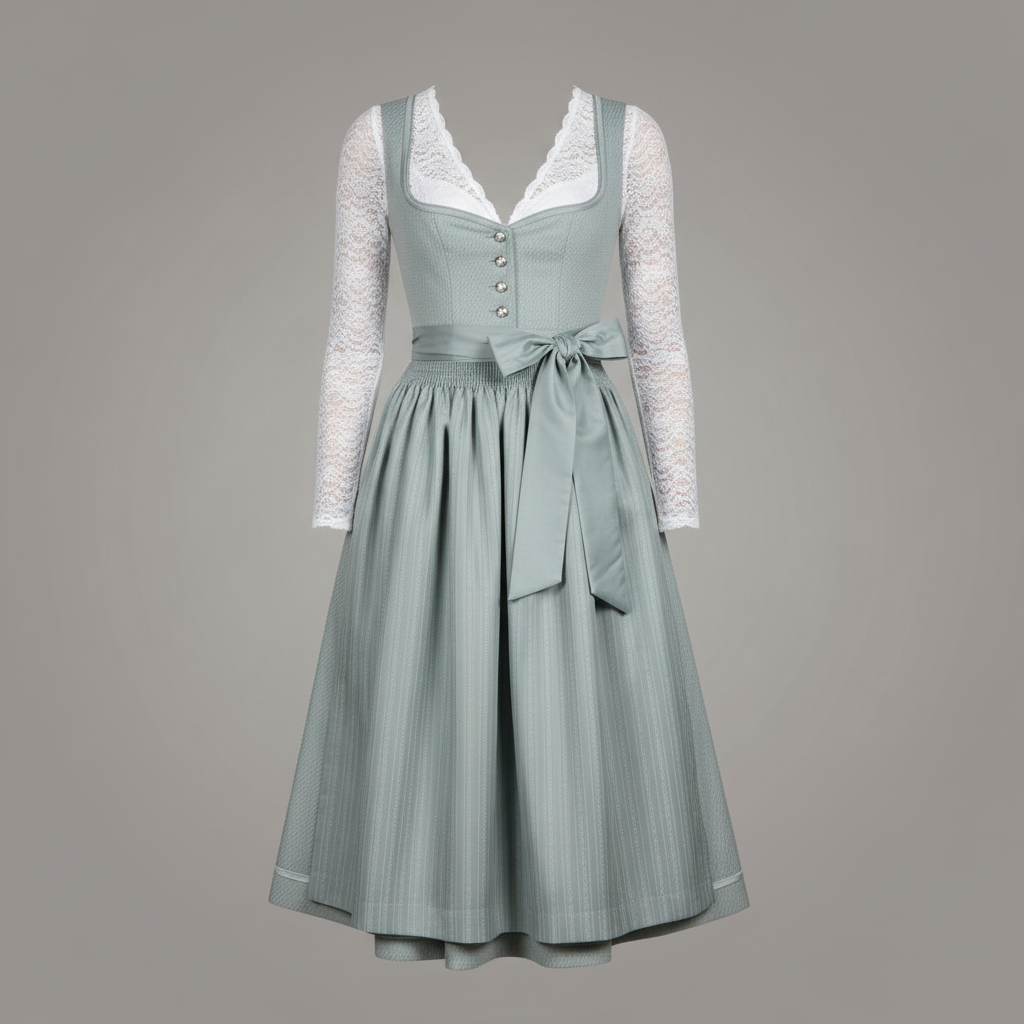 Abito tirolese da donna turchese con dettagli tradizionali, include grembiule e camicetta per un look completo.