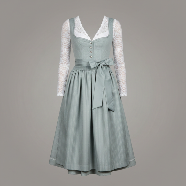 Abito tirolese da donna turchese con dettagli tradizionali, include grembiule e camicetta per un look completo.