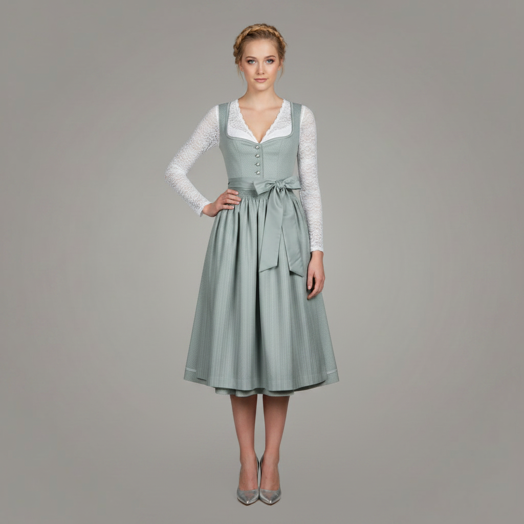 Abito da festa tirolese per donna turchese, con grembiule coordinato e camicetta. Costume tradizionale adulto.