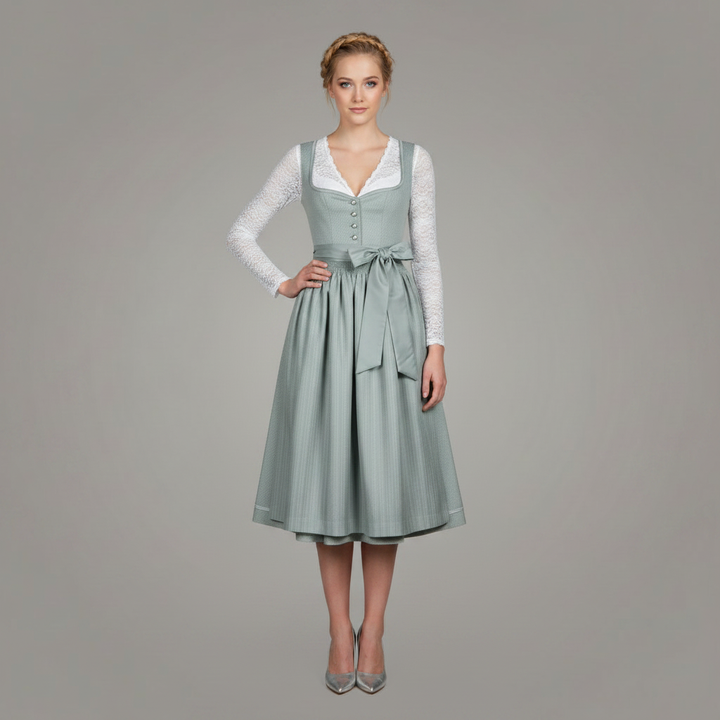 Abito da festa tirolese per donna turchese, con grembiule coordinato e camicetta. Costume tradizionale adulto.