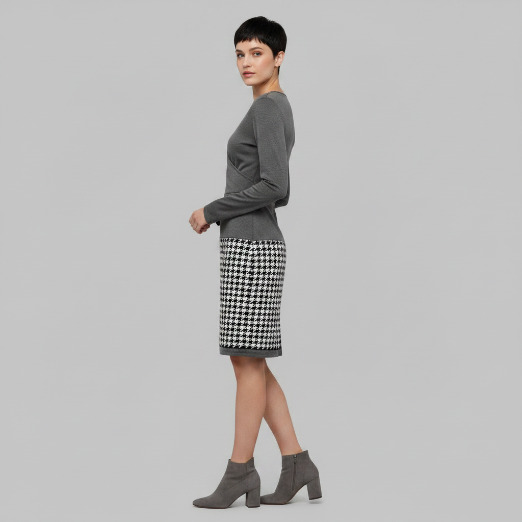 Vestito midi donna a quadri, maniche lunghe, scollo a V. Abito elegante e classico per l'autunno.