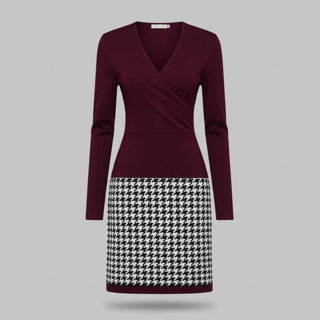 Modella indossa abito midi donna elegante, stampa a quadri, scollo a V e maniche lunghe. Look autunno-inverno.