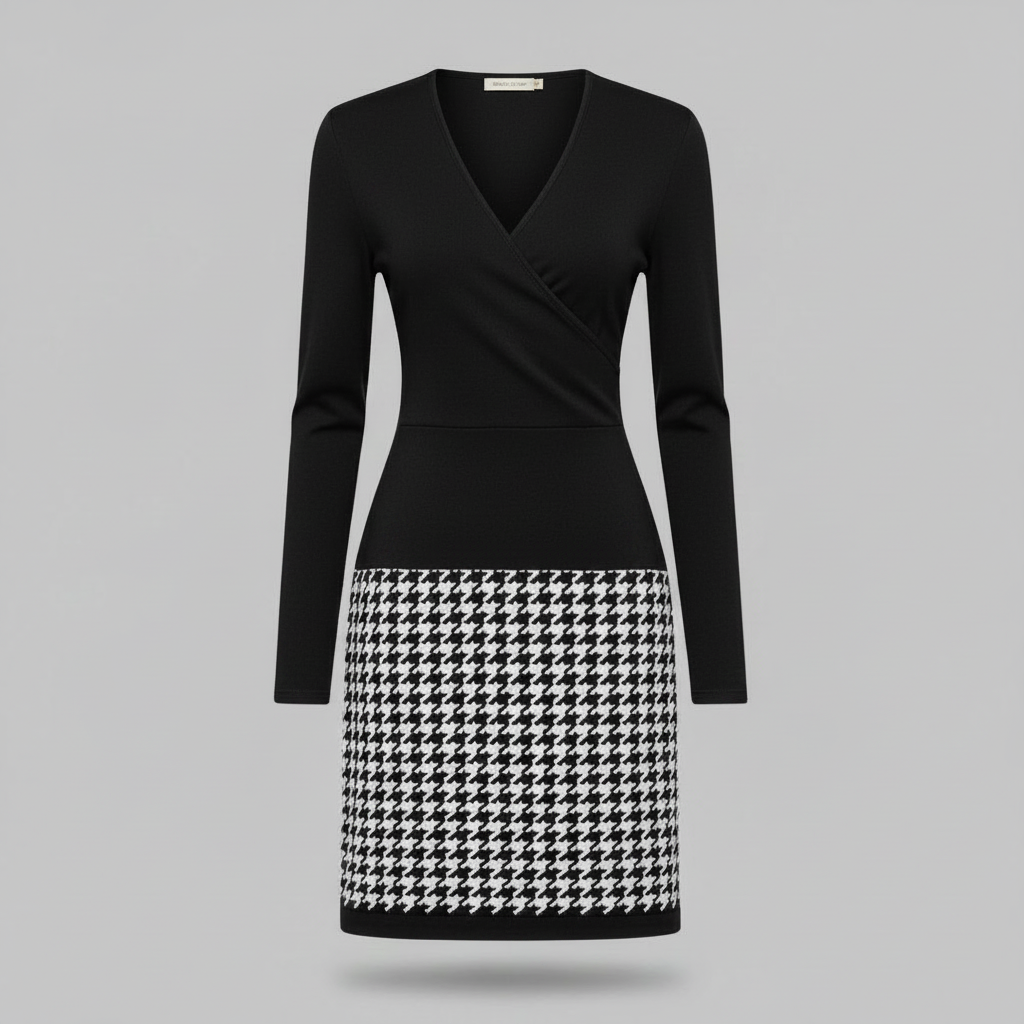 Vestito midi donna versatile, elegante, con scollo a V profondo e stampa a quadri. Ideale per ogni occasione.