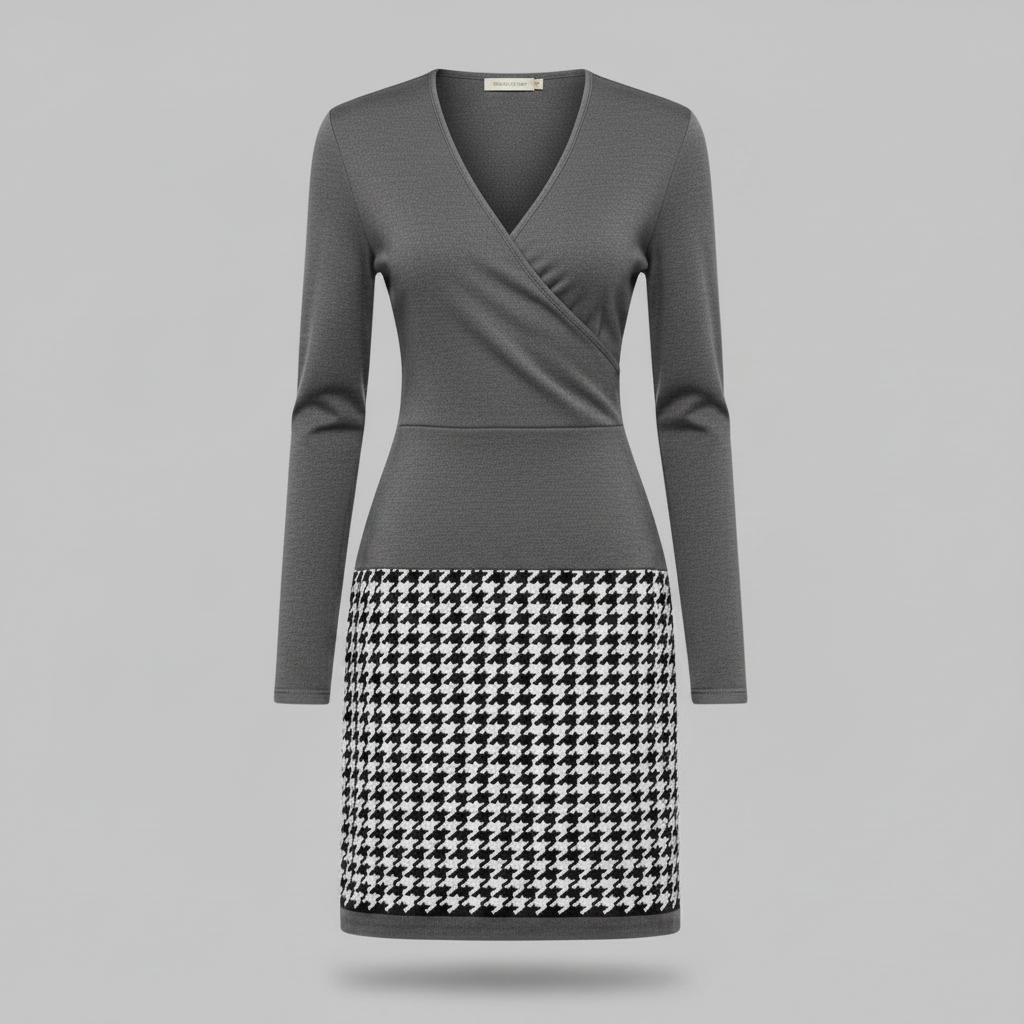 Abito donna midi elegante e confortevole con scollo a V e stampa a quadri. Moda autunnale classica.