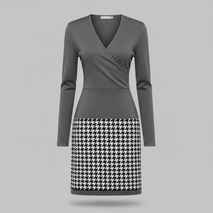 Abito donna midi elegante e confortevole con scollo a V e stampa a quadri. Moda autunnale classica.