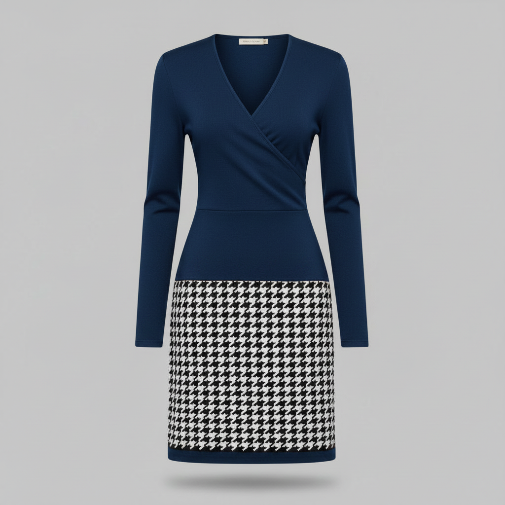 Primo piano su scollo a V e stampa a quadri dell'abito midi donna elegante. Dettaglio di moda autunnale.