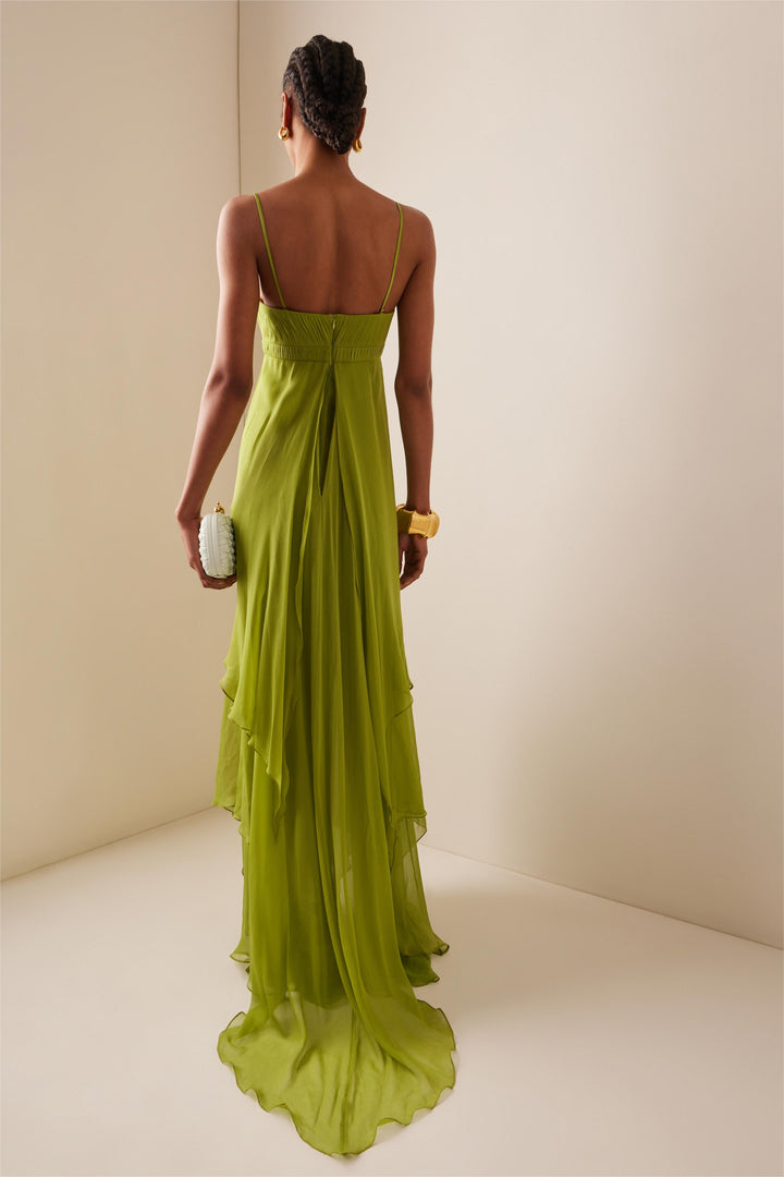 Vestito donna verde primavera estate, con cut-out e volant, un abito lungo elegante e alla moda per ogni cerimonia.