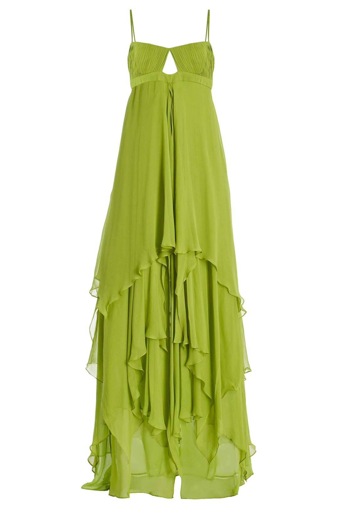 Elegante vestito lungo verde con cut-out e volant, un maxi dress donna perfetto per un outfit da cerimonia o festa.