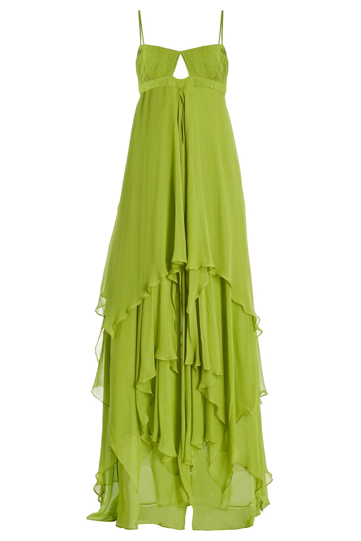 Elegante vestito lungo verde con cut-out e volant, un maxi dress donna perfetto per un outfit da cerimonia o festa.