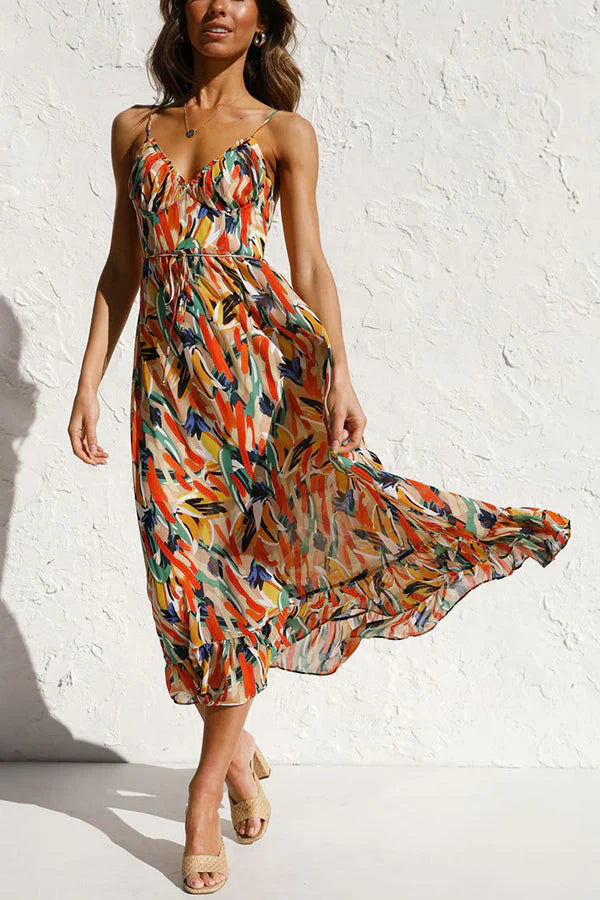 Abito donna midi senza maniche con fantasia astratta giallo/verde, scollatura a V. Perfetto per look boho chic.