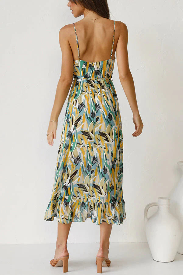 Vestito midi senza maniche donna, stampa astratta nei toni del giallo e verde, scollatura a V. Stile estivo.