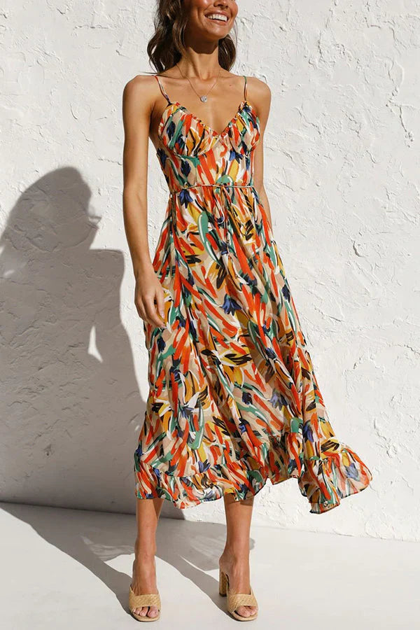 Vestito midi donna estivo giallo-verde con stampa astratta, scollatura a V e design fluido per la primavera.