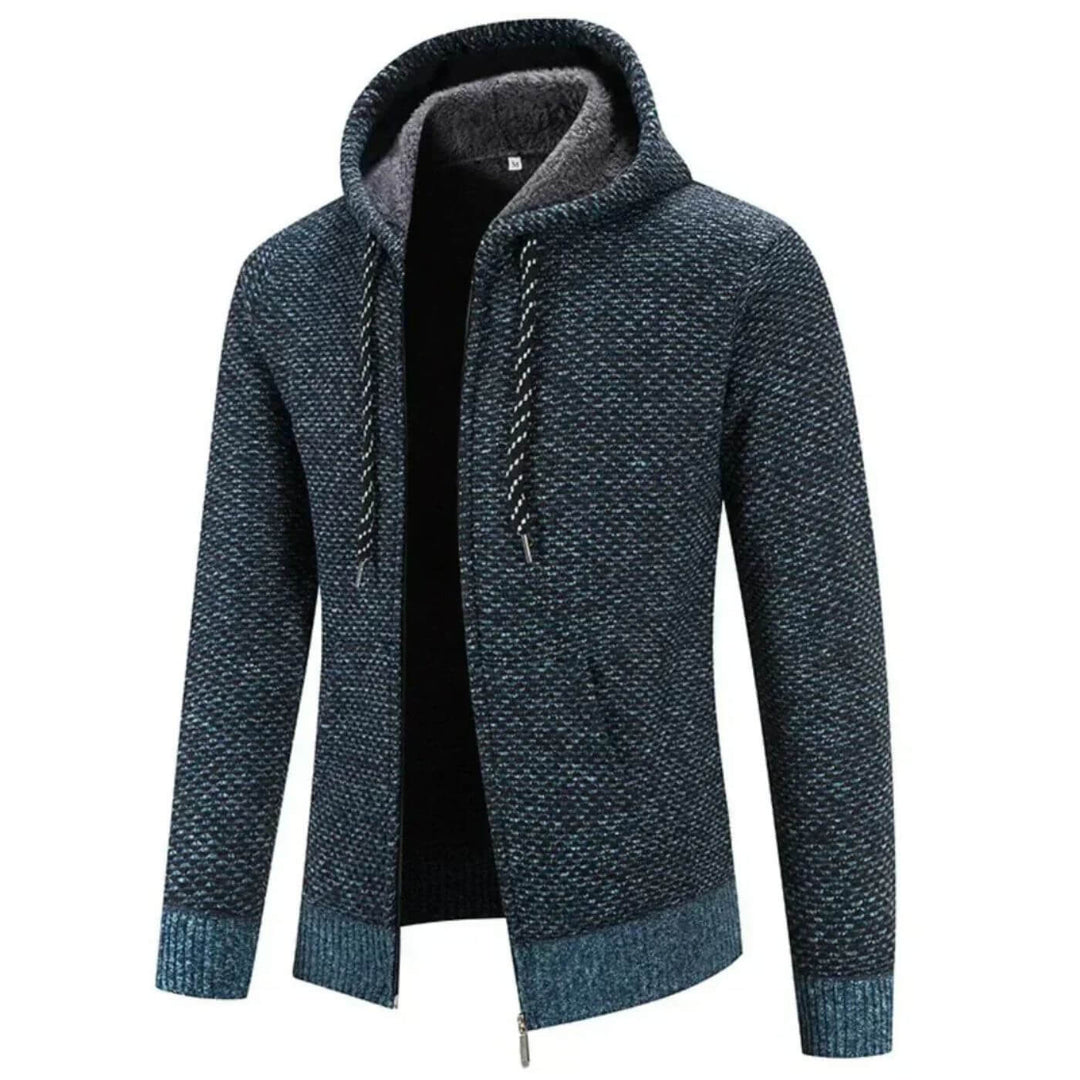 Cardigan uomo vintage con zip e cappuccio, ideale per abbigliamento casual maschile e comfort moderno.