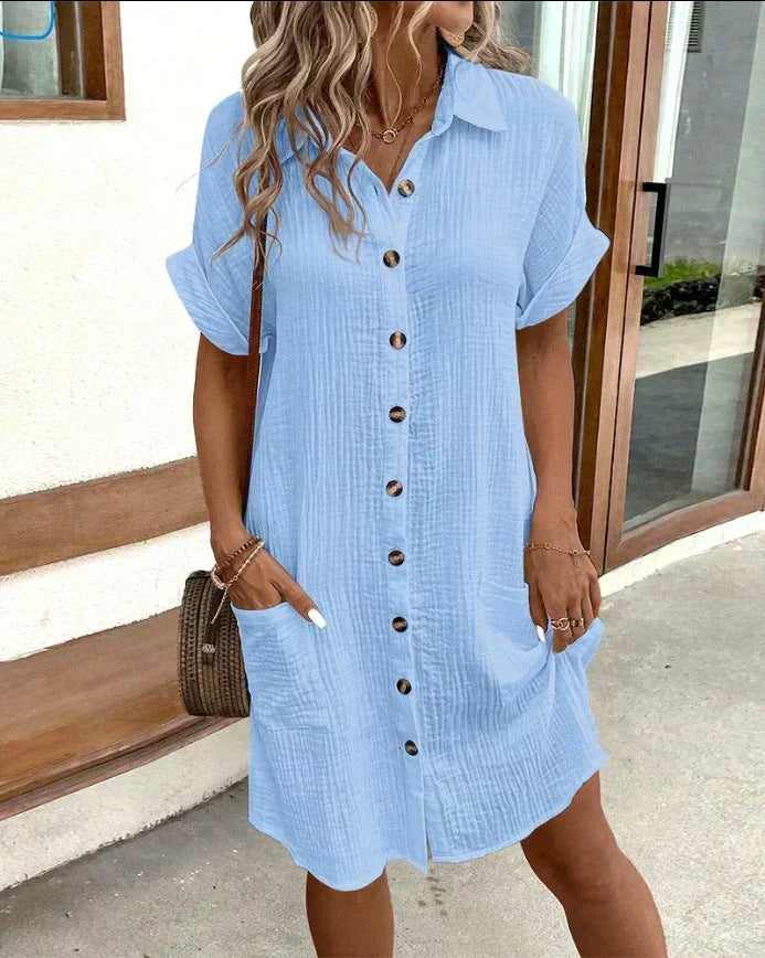 Vestito camicia donna alla moda, casual ma elegante. Offre comfort superiore per il tuo look estivo.
