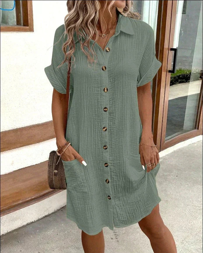 Vestito donna versatile, abito camicia casual elegante per outfit quotidiano o serate estive chic.
