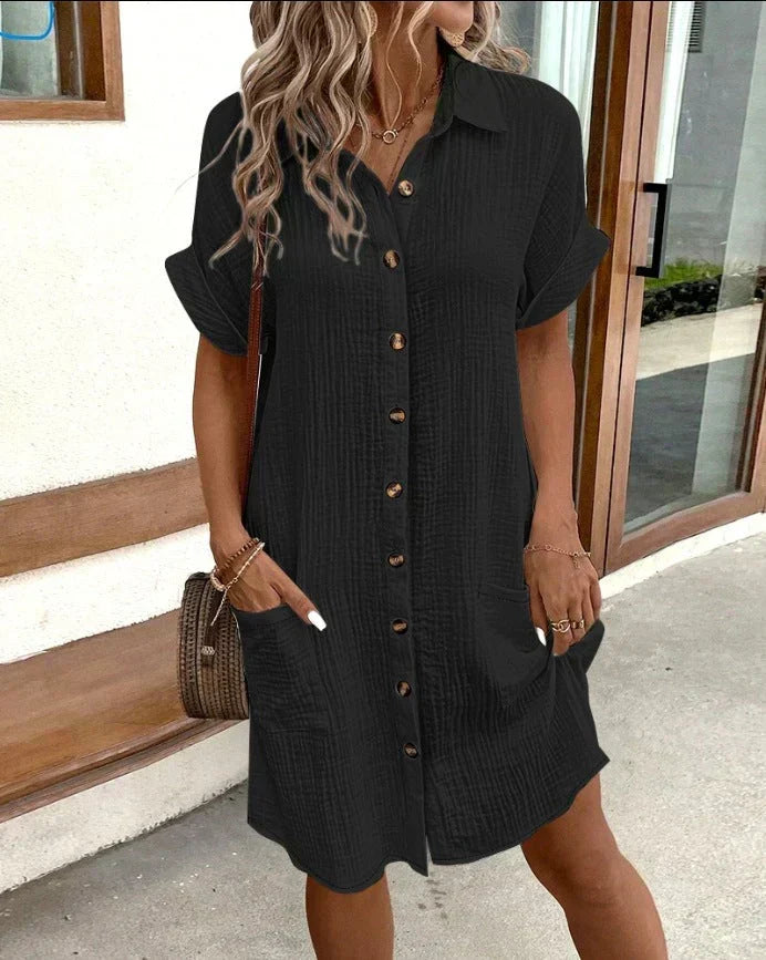 Abito camicia donna casual chic. Perfetto per outfit quotidiano estivo, stile elegante e comfort.