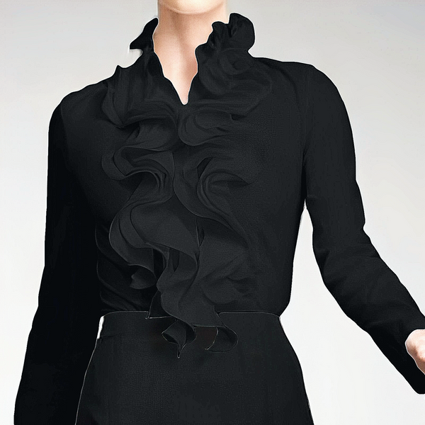 Camicetta da donna con volant, collo alto e maniche lunghe, ideale per look casual o eleganti.