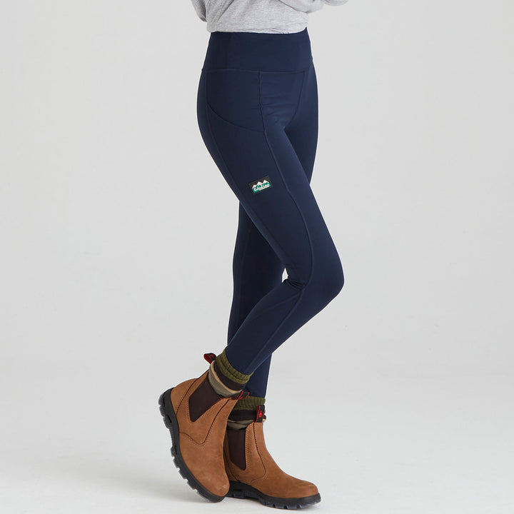 Comodi leggings sportivi donna blu navy, con laccetto regolabile e tasche, perfetti per yoga e allenamento.