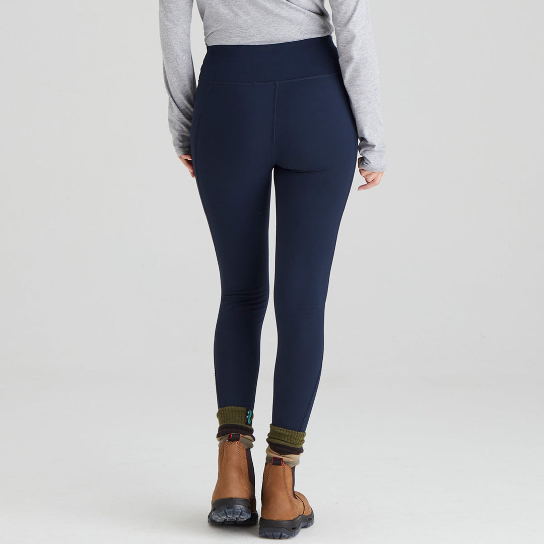 Leggings blu navy da donna, sportivi e versatili, con tasche laterali e laccetto, per fitness e abbigliamento casual.