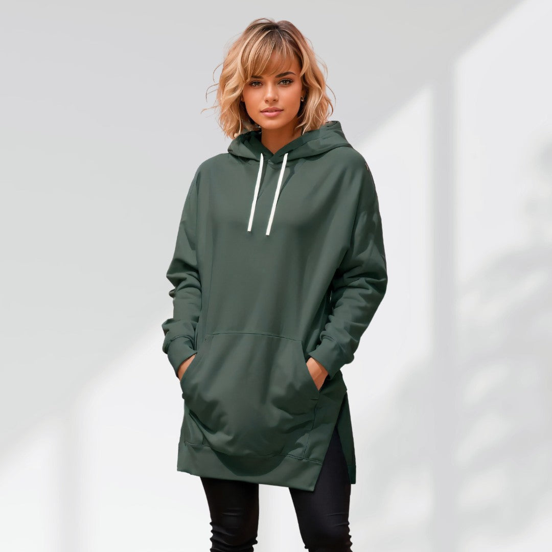 Abito donna in felpa, caldo e versatile. Ideale come vestito oversize casual per l'inverno.