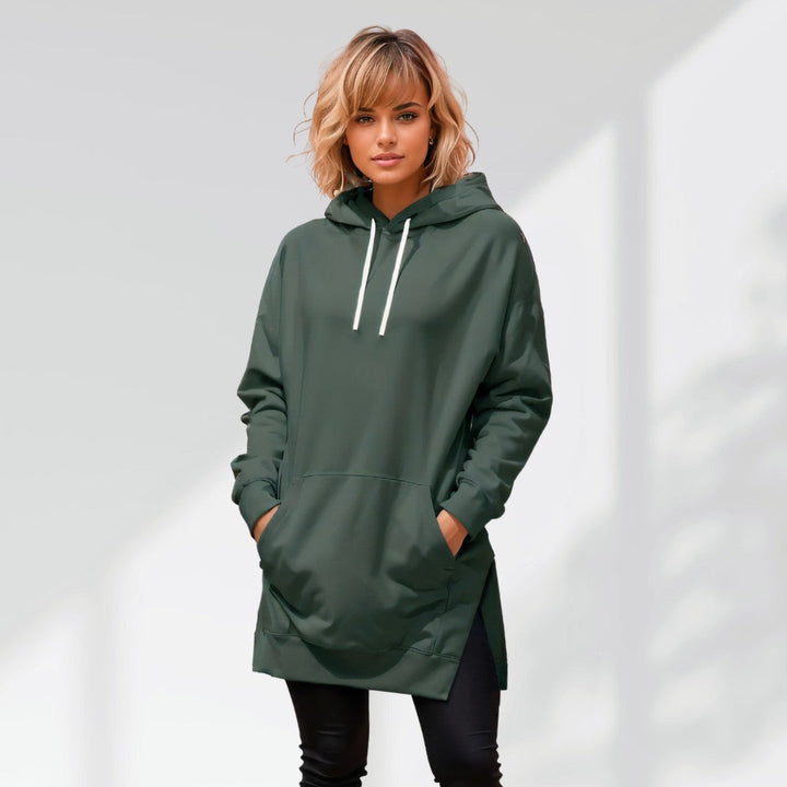 Abito donna in felpa, caldo e versatile. Ideale come vestito oversize casual per l'inverno.