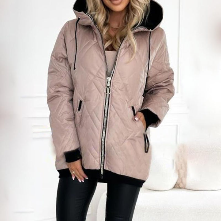 Giacca parka donna autunnale/invernale, con zip frontale e cappuccio, calda e funzionale.
