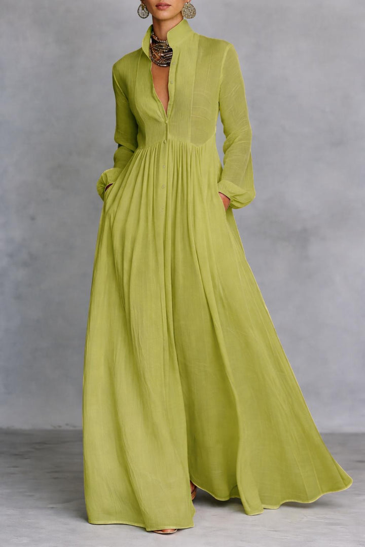 Vestito lungo da donna, abito maxi fluido con bottoni. Ideale per un comfort elegante e una silhouette estiva.