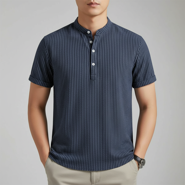 Camicia casual uomo a righe, maniche corte, colletto coreana, ideale per l'estate.