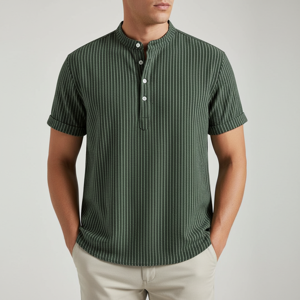 Camicia uomo a righe, maniche corte, colletto coreana, stile casual confortevole.