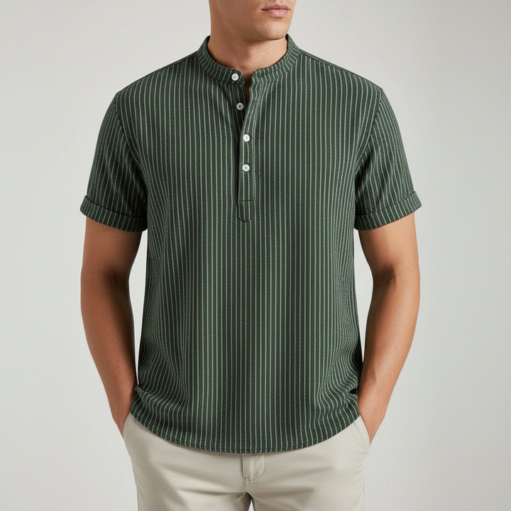 Camicia uomo a righe, maniche corte, colletto coreana, stile casual confortevole.