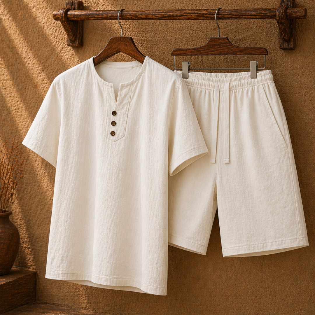 Completo estivo uomo due pezzi, set casual shorts e maglietta. Ideale per vacanze e tempo libero.