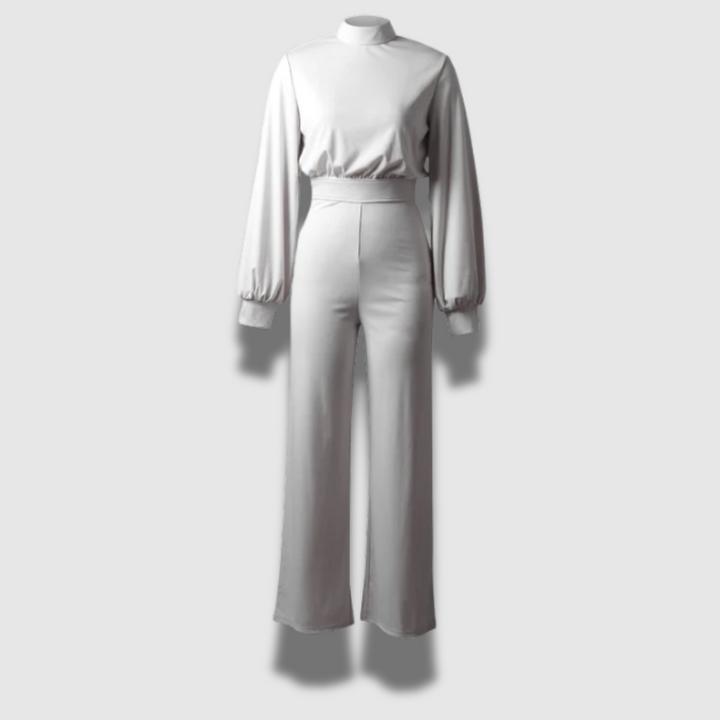 Tuta donna gialla, look sofisticato con colletto in piedi. Perfetta per outfit ufficio o eventi eleganti.