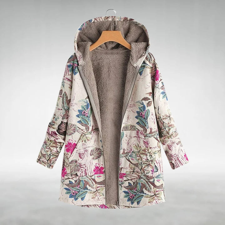 Giacca lunga donna floreale con cappuccio. Stile casual/elegante, perfetta per primavera/autunno nei toni del blu e bianco.