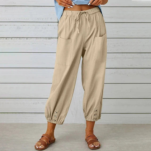 Pantaloni donna primavera/estate a vita alta, comodi e rilassati per un look casual.
