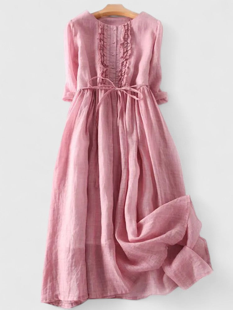 Elegante vestito midi donna verde salvia con stampa floreale, versatile per primavera ed occasioni.