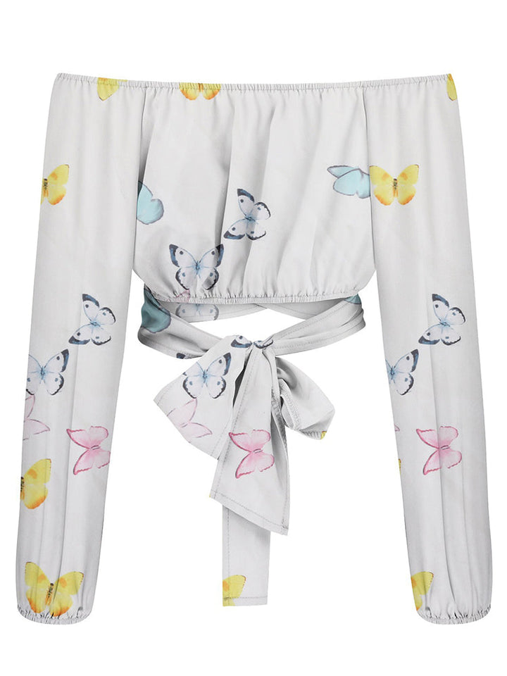 Top corto donna, stile elegante e chic con spalle scoperte e maniche lunghe. Perfetto per la primavera estate.