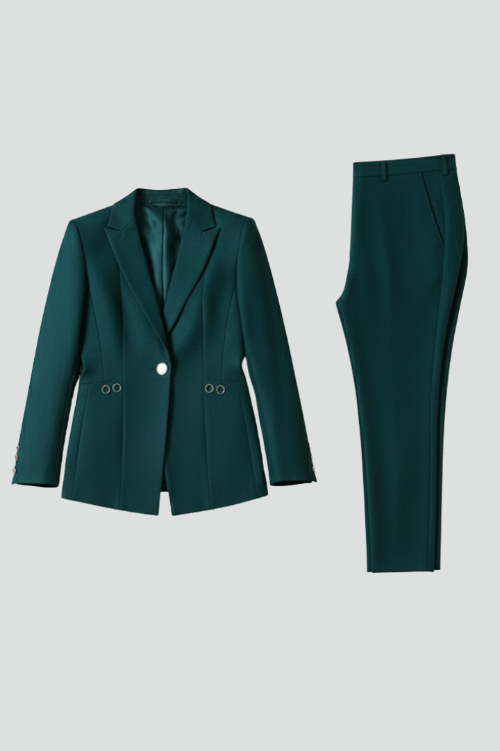 Completo blazer e pantaloni donna elegante monopetto, perfetto per ufficio e affari.