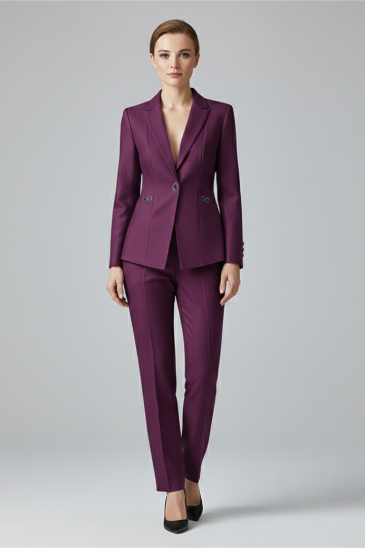 Completo moda donna blazer e pantaloni monopetto viola, per un look elegante e distintivo.