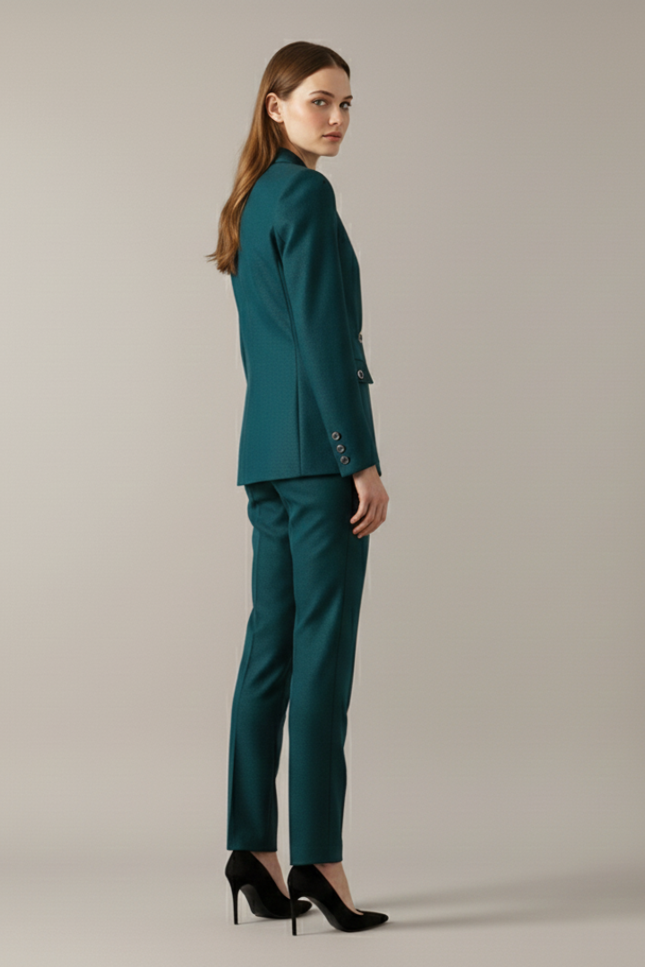 Completo elegante donna nero, blazer e pantaloni monopetto, versatile per ufficio o cerimonia.