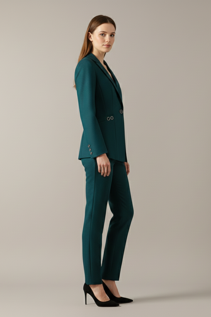 Completo elegante donna con blazer e pantaloni monopetto, ideale per cerimonia e moda.