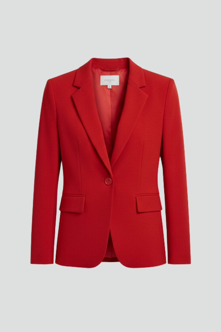 Blazer donna elegante rosso con revers classici e bottone singolo, ideale per ufficio o look casual chic.