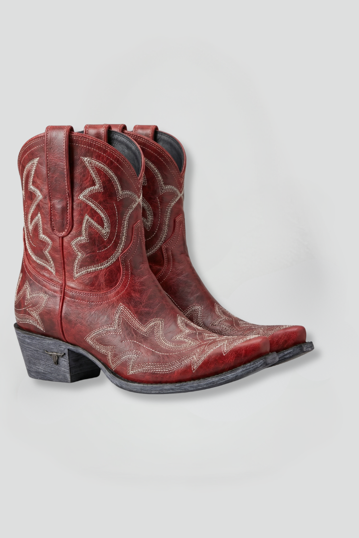 Stivali cowboy donna ricamati, gambale medio e tacco basso. Perfetti per un look western autentico e alla moda.